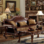 ACME 15160 Dresden Sofa with 3 Pillows, Brown PU & Chenille, Cherry Oak