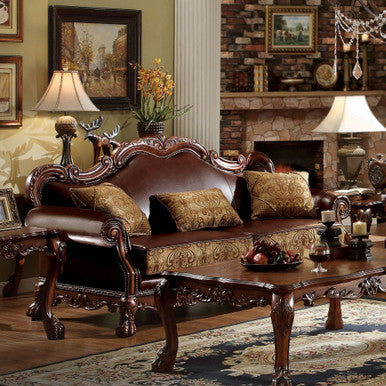 ACME 15160 Dresden Sofa with 3 Pillows, Brown PU & Chenille, Cherry Oak