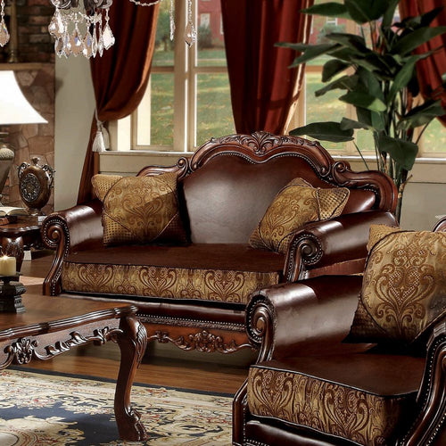 ACME 15161 Dresden Loveseat with 2 Pillows, Brown PU & Chenille, Cherry Oak