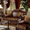 ACME 15161 Dresden Loveseat with 2 Pillows, Brown PU & Chenille, Cherry Oak