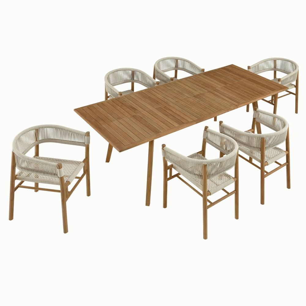 Modway EEI-6930 Vienna 7-Piece Outdoor Patio Teak and Rope Dining Set with Curved-Back Armchairs