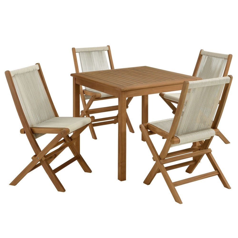 Modway EEI-6932 Vienna 5-Piece Outdoor Patio Teak Wood Dining Set with Rope Folding Chairs
