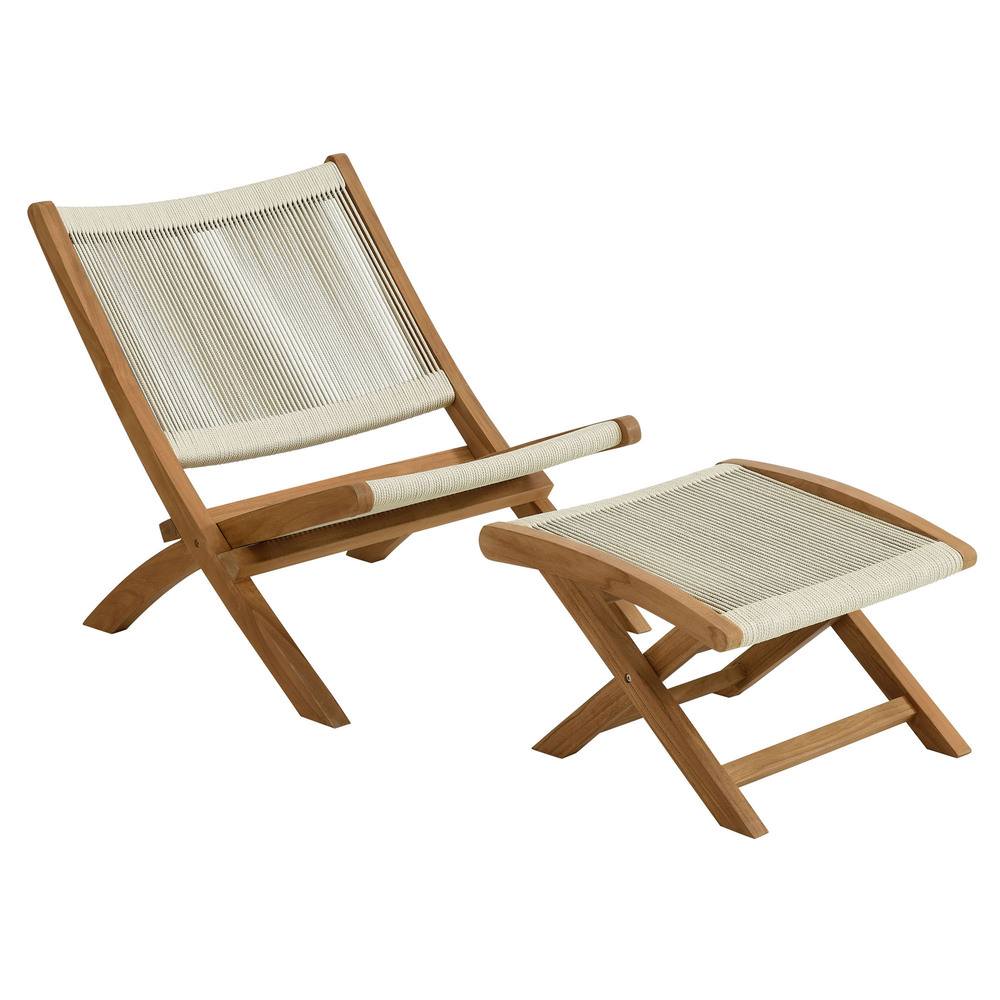 Modway EEI-6938 Vienna 2-Piece Outdoor Patio Teak and Rope Folding Accent Lounge Chair and Ottoman Set