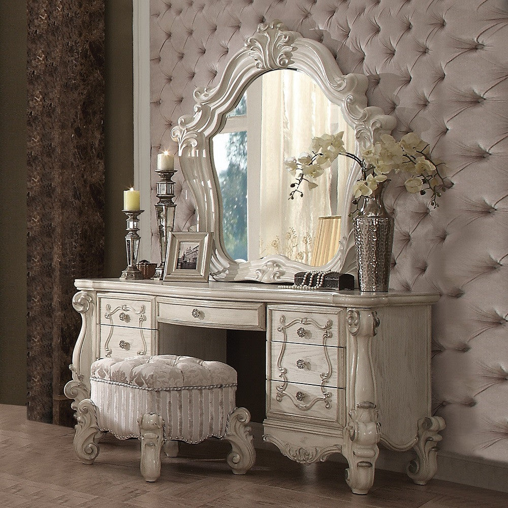 ACME 21138 Versailles Vanity Stool, Ivory Fabric & Bone White  5