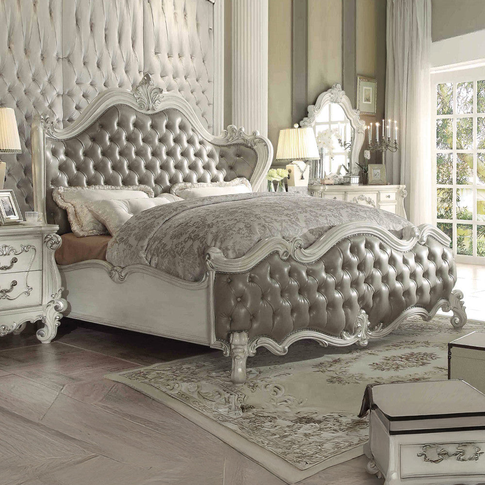 ACME 21144CK Versailles California King Bed, Vintage Gray PU & Bone White (1Set/3Ctn)