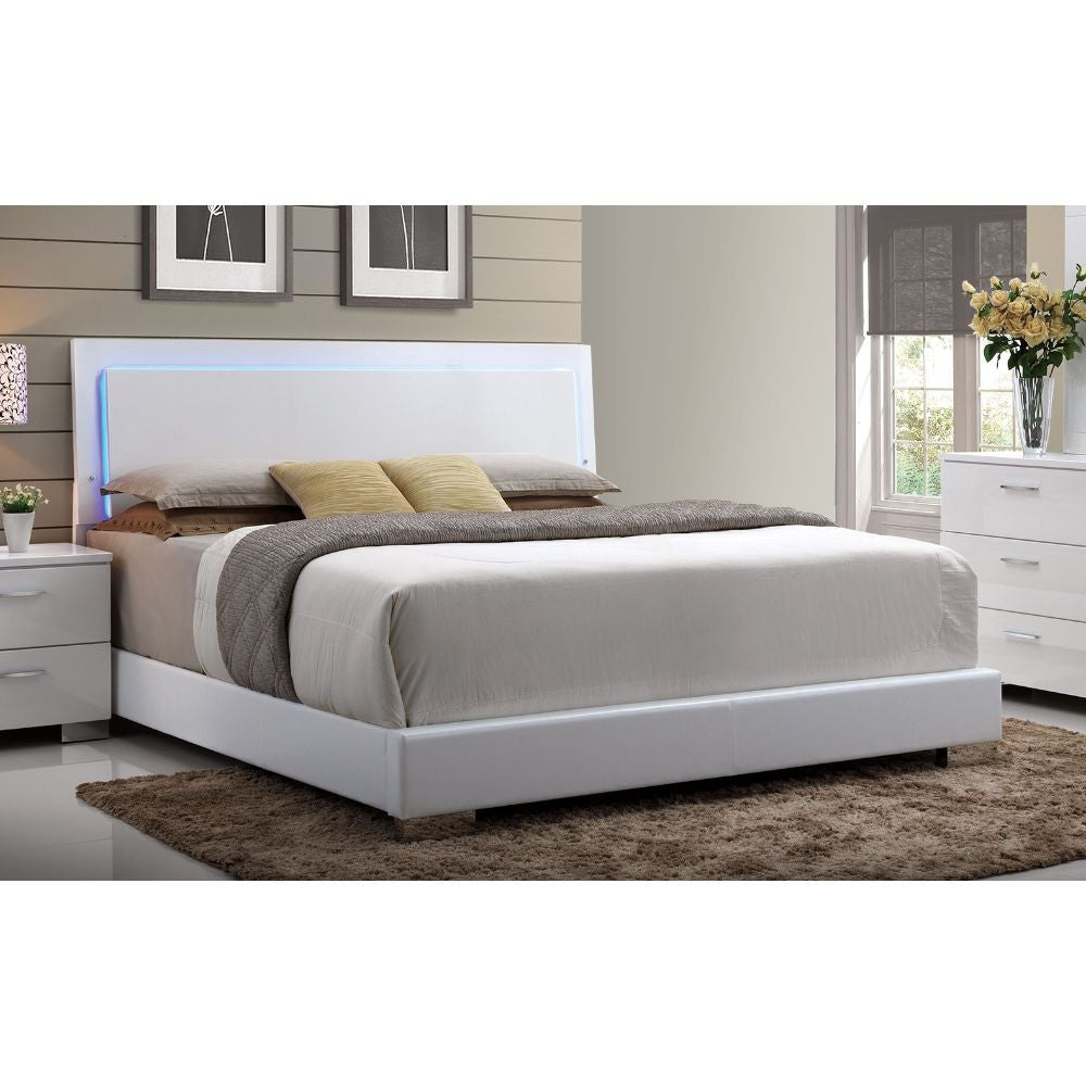 ACME 22637EK Lorimar Eastern King Bed (Headboard with LED), White PU & Chrome Leg (1Set/2Ctn)