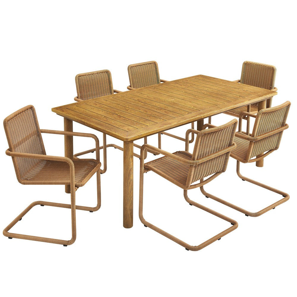 Modway EEI-7073 Abacus 7-Piece Rectangular Outdoor Patio Aluminum Dining Table Set with Rattan Armchairs