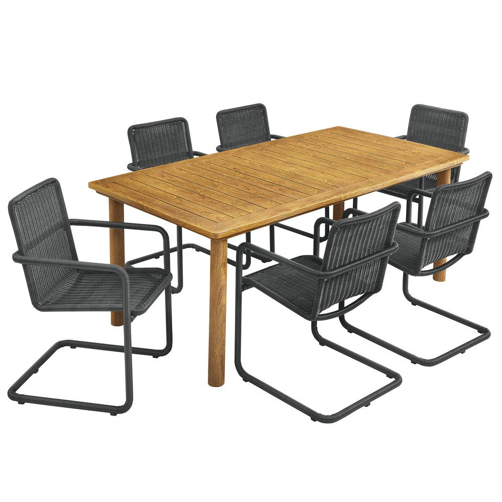 Modway EEI-7073 Abacus 7-Piece Rectangular Outdoor Patio Aluminum Dining Table Set with Rattan Armchairs