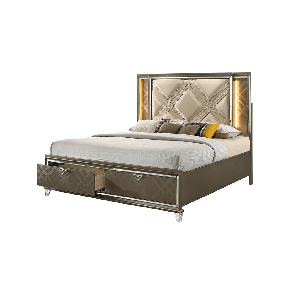 ACME 25317EK Skylar Eastern King Bed with Storage, LED, PU & Dark Champagne