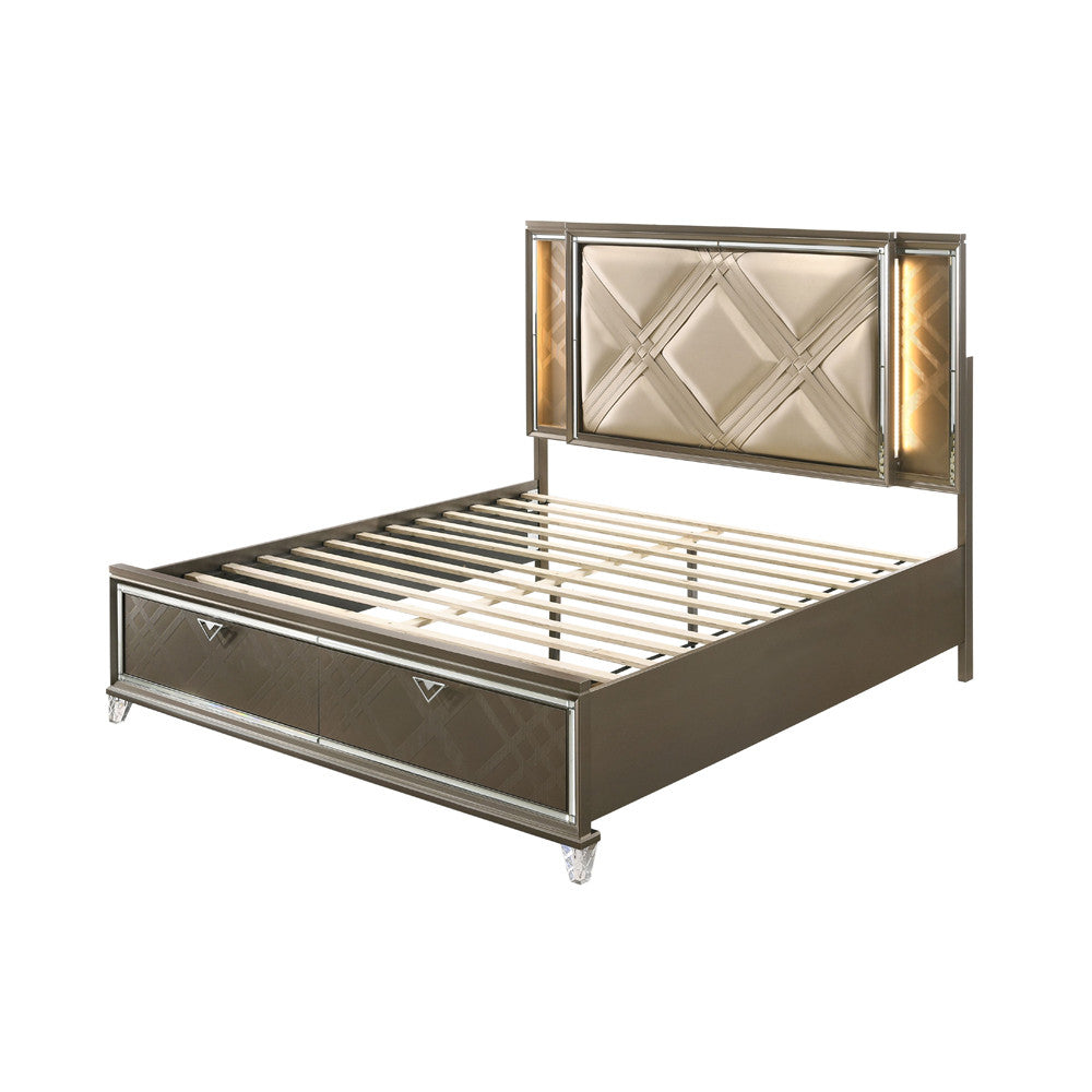 ACME 25317EK Skylar Eastern King Bed with Storage, LED, PU & Dark Champagne