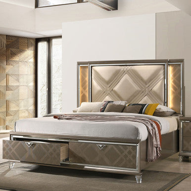 ACME 25317EK Skylar Eastern King Bed with Storage, LED, PU & Dark Champagne