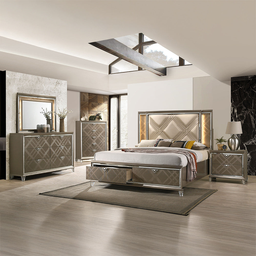 ACME 25320Q Skylar Queen Bed with Storage, LED, PU & Dark Champagne