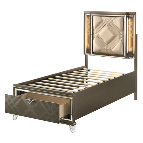 ACME 25335F Skylar Full Bed with Storage, LED, PU & Dark Champagne