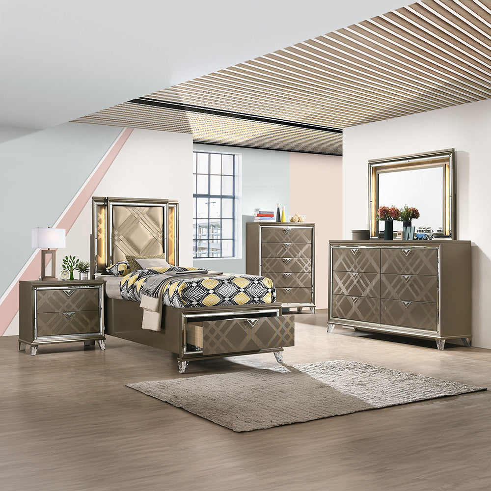 ACME 25335F Skylar Full Bed with Storage, LED, PU & Dark Champagne