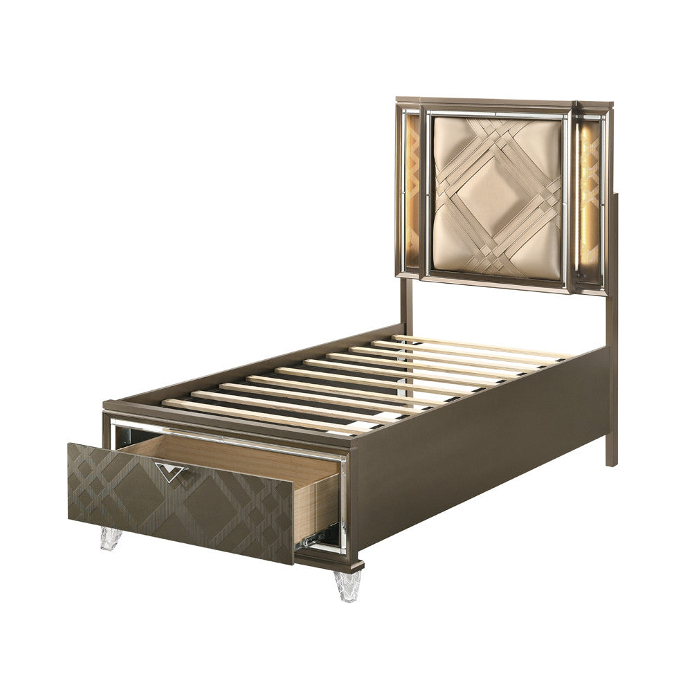 ACME 25340T Skylar Twin Bed with Storage, LED, PU & Dark Champagne