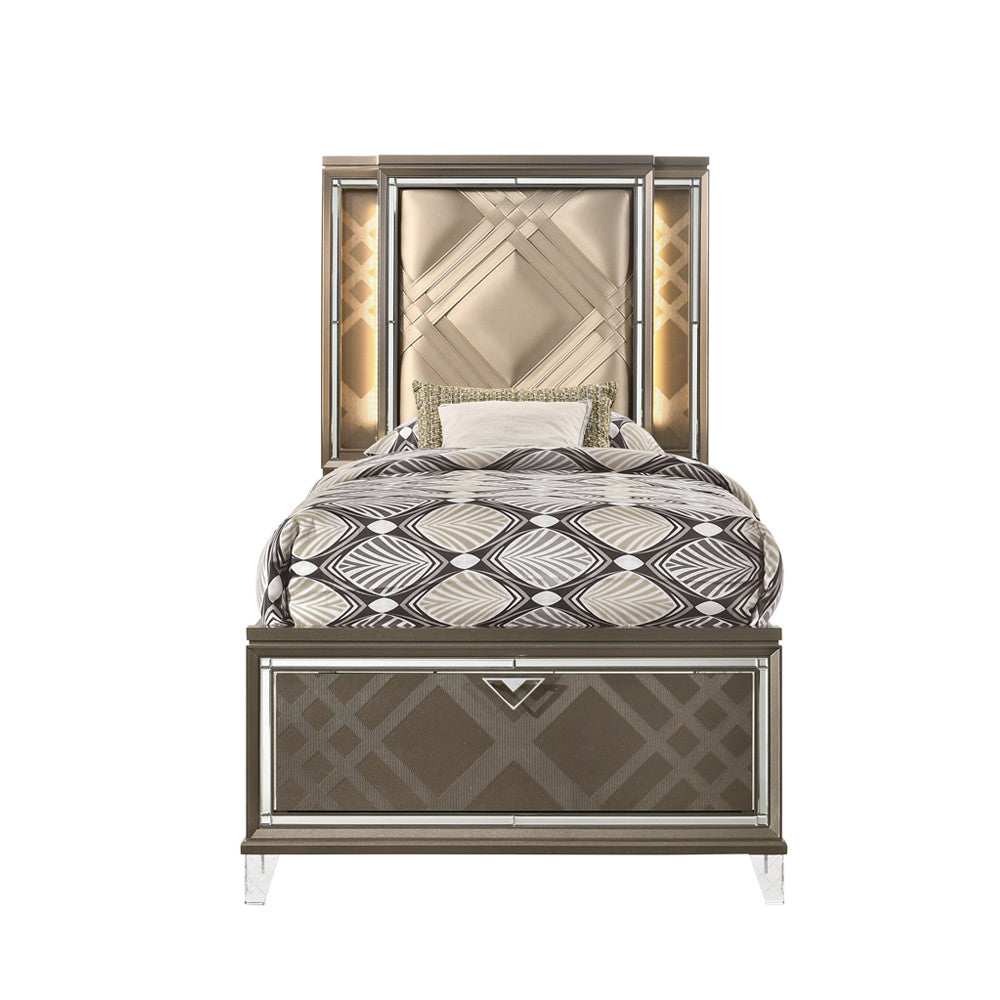 ACME 25340T Skylar Twin Bed with Storage, LED, PU & Dark Champagne