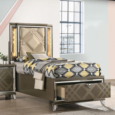 ACME 25340T Skylar Twin Bed with Storage, LED, PU & Dark Champagne