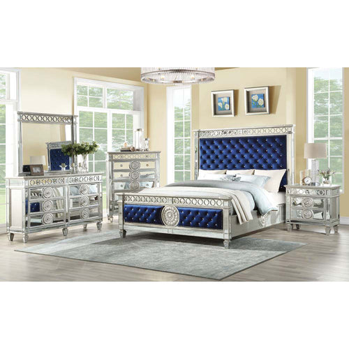 ACME 26144CK Varian California King Bed, Blue Velvet & Mirrored  1