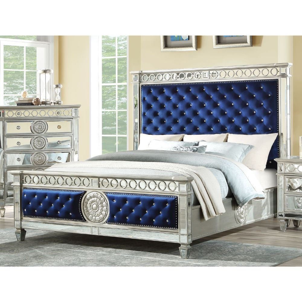 ACME 26147EK Varian Eastern King Bed, Blue Velvet & Mirrored (1Set/3Ctn)