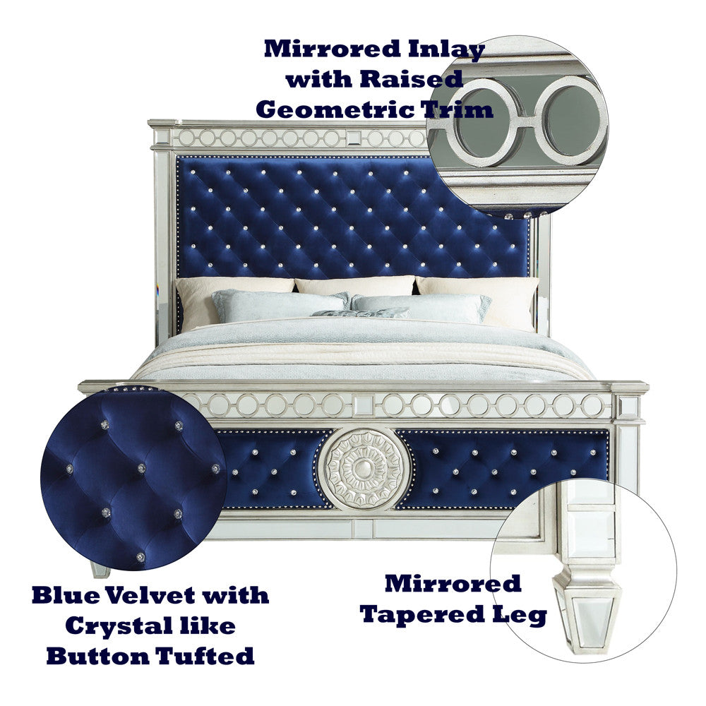ACME 26150Q Varian Queen Bed, Blue Velvet & Mirrored (1Set/3Ctn)  1