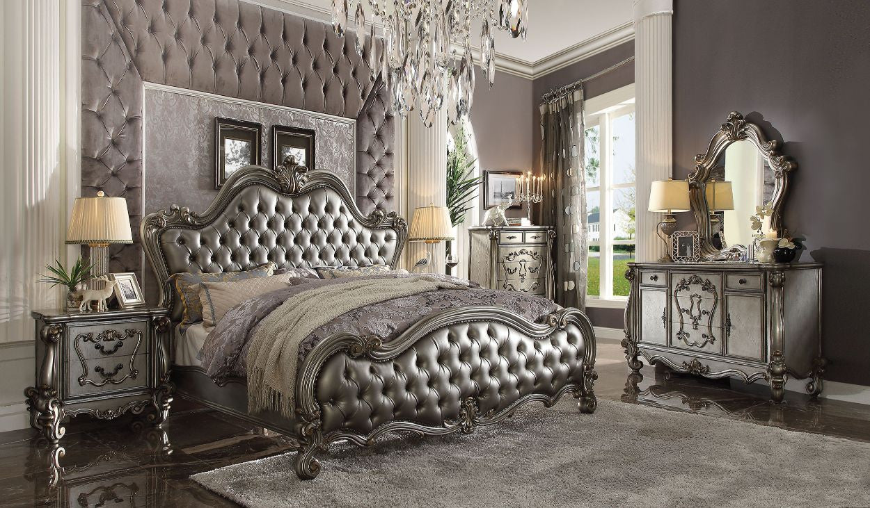 ACME 26840Q Versailles II Queen Bed, Silver PU & Antique Platinum (1Set/3Ctn)