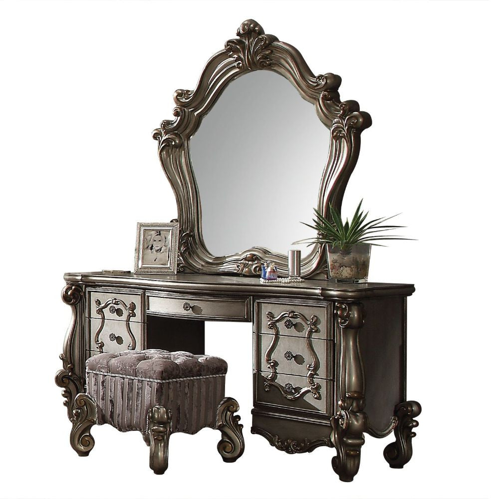 ACME 26848 Versailles Vanity Stool, Fabric & Antique Platinum