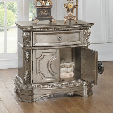 ACME 26935 Northville Nightstand with Wooden Top, Antique Silver