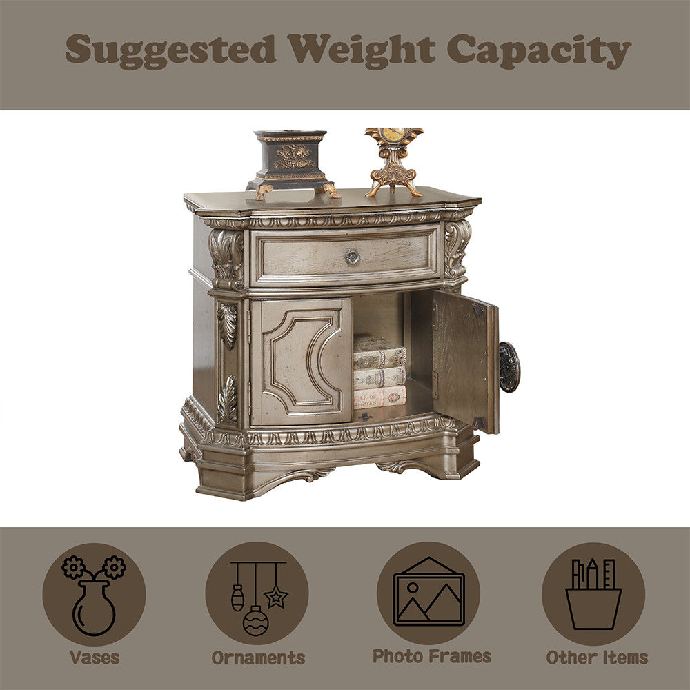 ACME 26935 Northville Nightstand with Wooden Top, Antique Silver