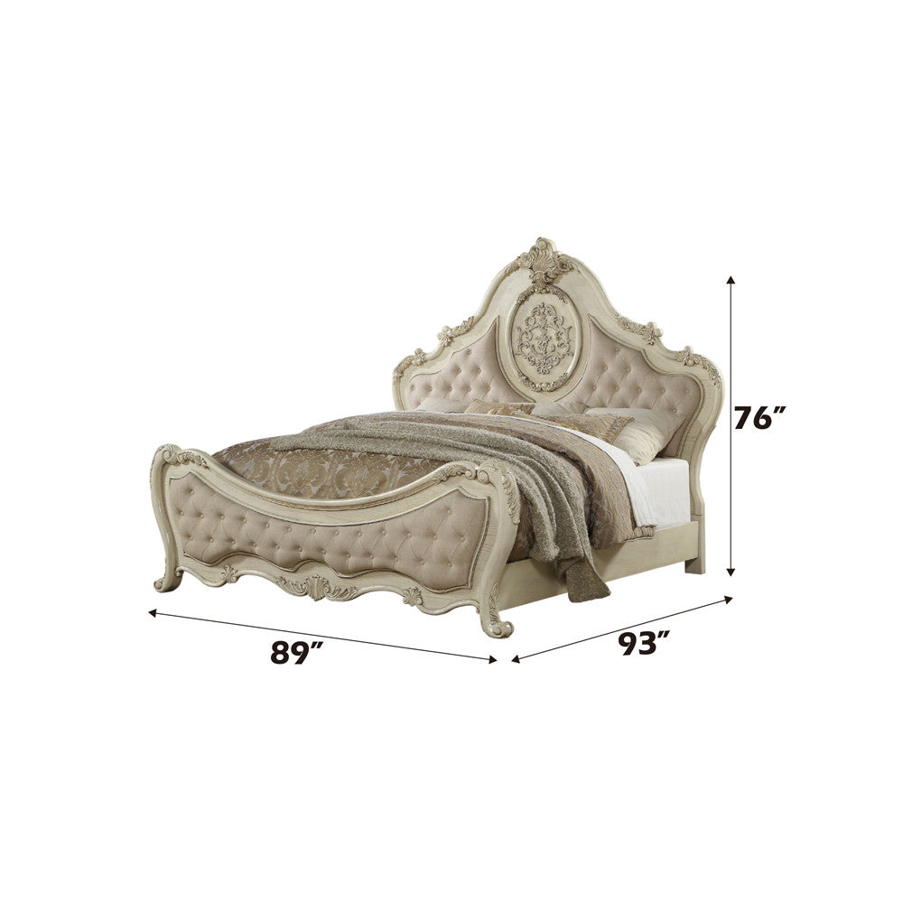 ACME 27004CK Ragenardus California King Bed, Beige Linen & Antique White (1Set/3Ctn)