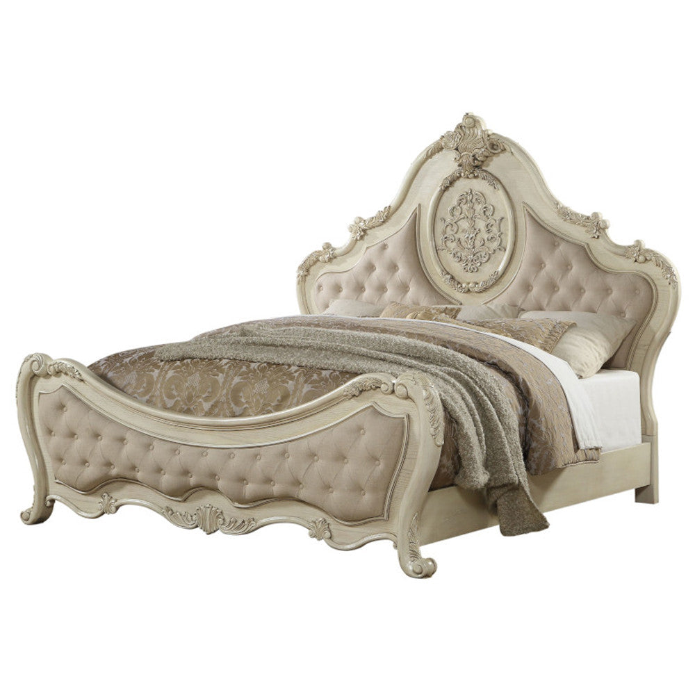 ACME 27007EK Ragenardus Eastern King Bed, Beige Linen & Antique White (1Set/3Ctn)