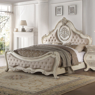 ACME 27007EK Ragenardus Eastern King Bed, Beige Linen & Antique White (1Set/3Ctn)