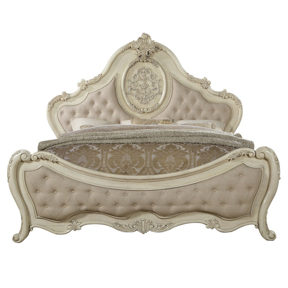 ACME 27007EK Ragenardus Eastern King Bed, Beige Linen & Antique White (1Set/3Ctn)