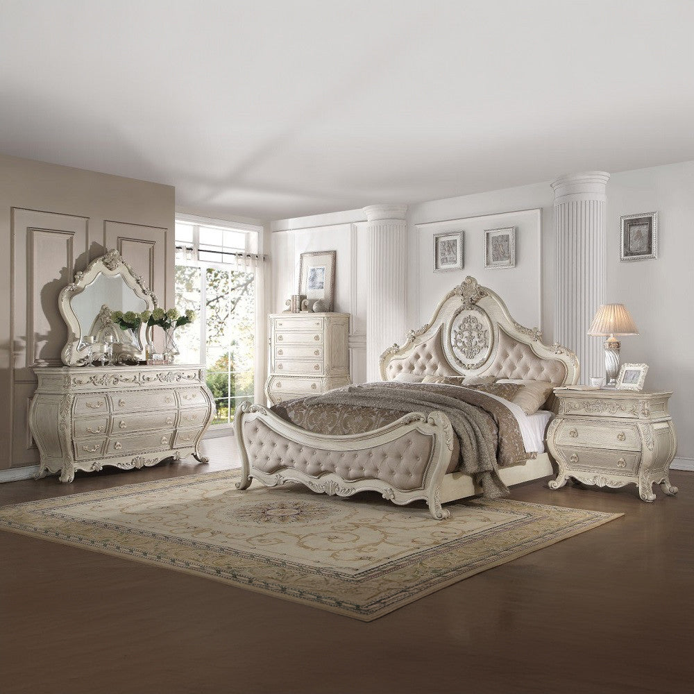 ACME 27007EK Ragenardus Eastern King Bed, Beige Linen & Antique White (1Set/3Ctn)