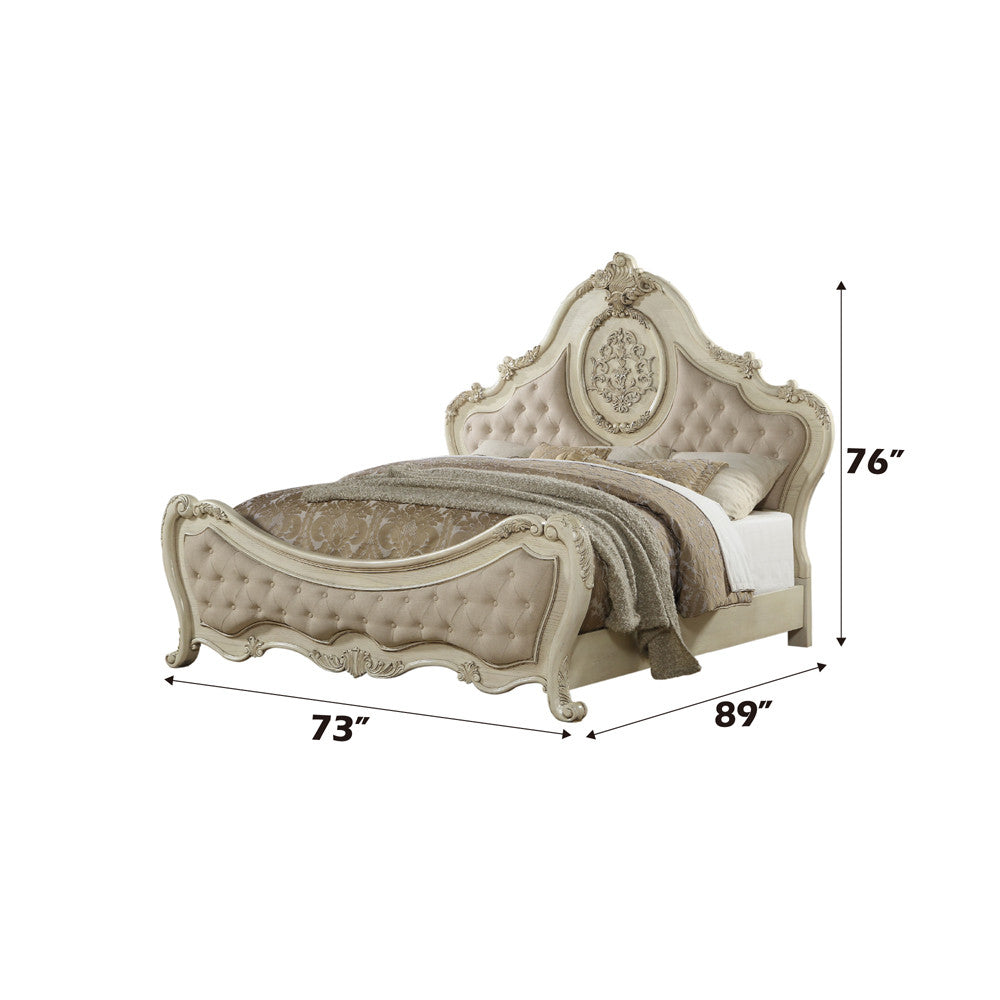ACME 27010Q Ragenardus Queen Bed, Beige Linen & Antique White (1Set/3Ctn)
