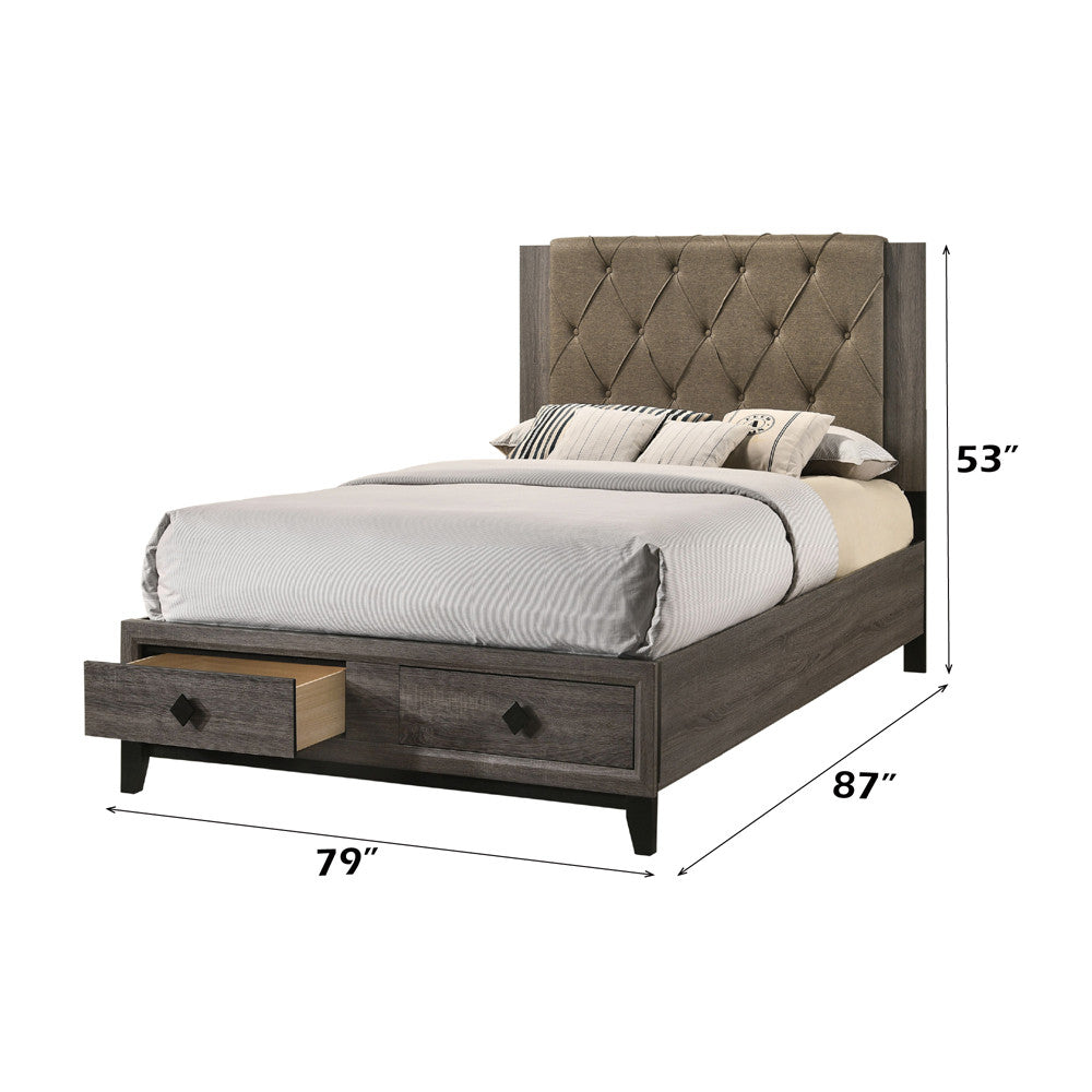 ACME 27667EK Avantika Eastern King Bed with Storage, Fabric & Rustic Gray Oak