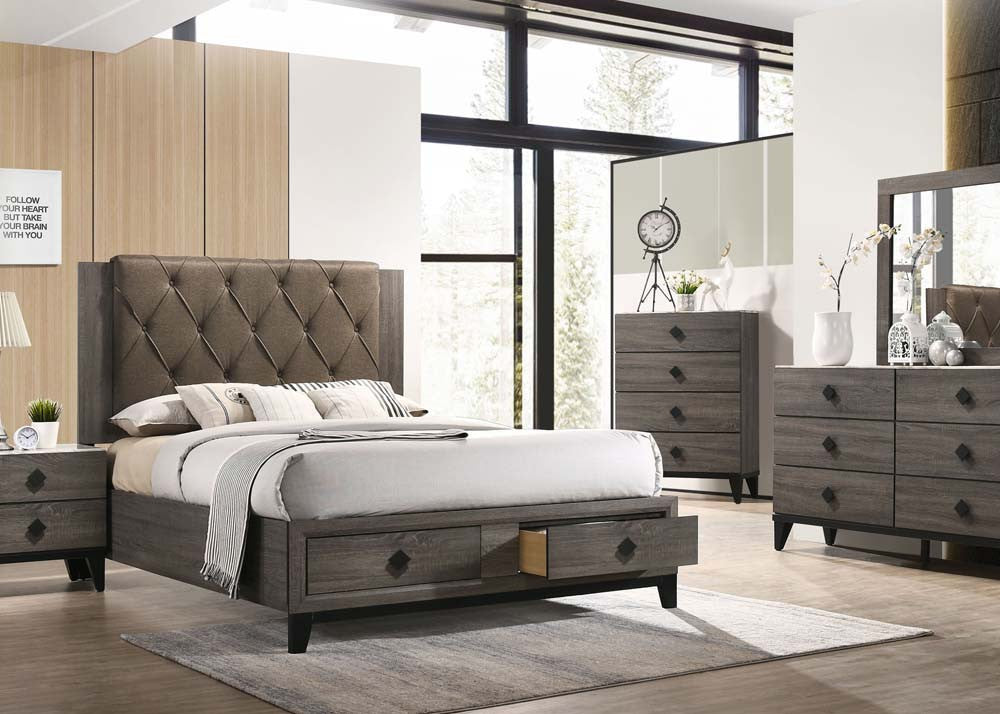 ACME 27667EK Avantika Eastern King Bed with Storage, Fabric & Rustic Gray Oak