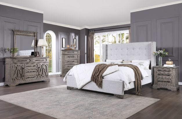 ACME 27697EK Artesia Eastern King Bed, Tan Fabric & Salvaged Natural Finish
