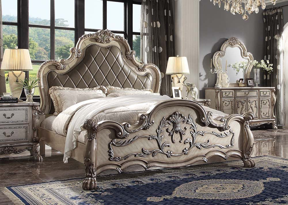 ACME 28167EK Dresden Eastern King Bed, Vintage Bone White & PU
