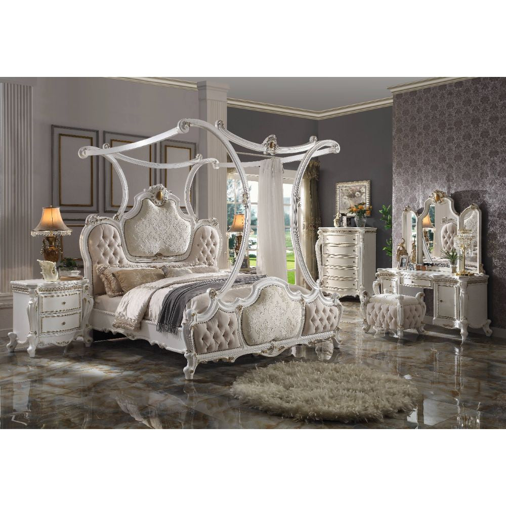 ACME 28204CK Picardy California King Bed with Canopy, Fabric & Antique Pearl