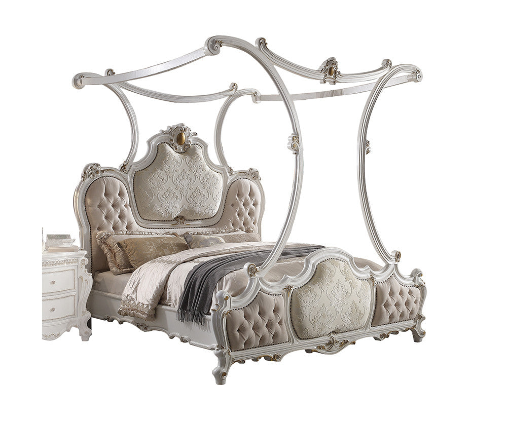 ACME 28207EK Picardy Eastern King Bed with Canopy, Fabric & Antique Pearl