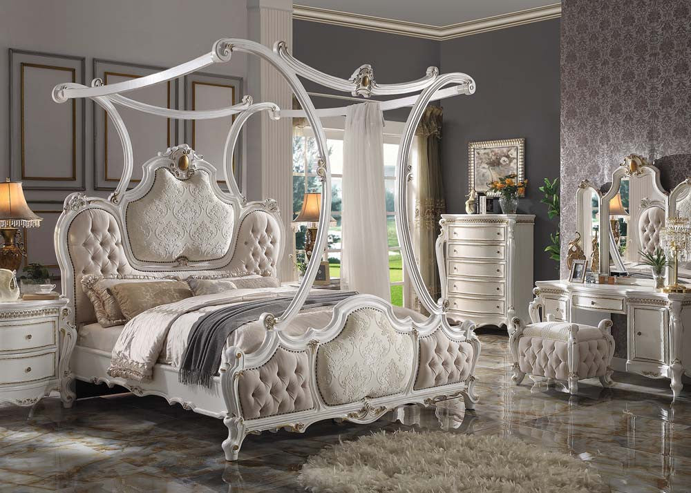 ACME 28207EK Picardy Eastern King Bed with Canopy, Fabric & Antique Pearl