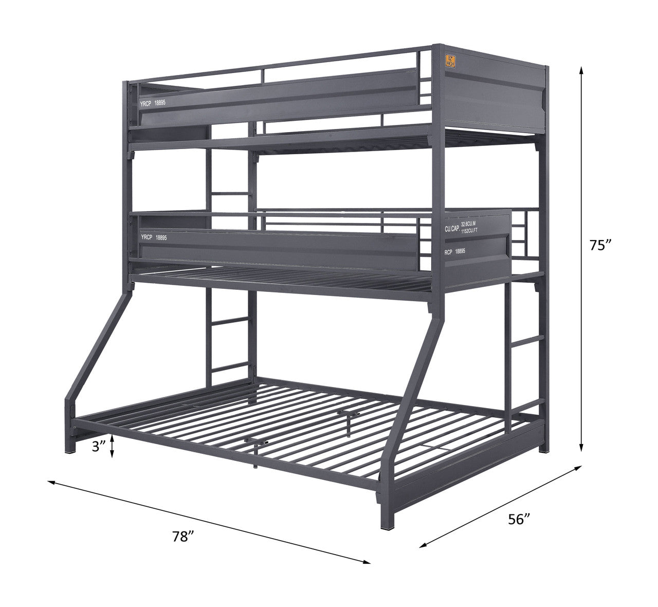 ACME 37995 Cargo Twin/Twin/Full Triple Bunk Bed, Gunmetal Finish(1Set/2Ctn)