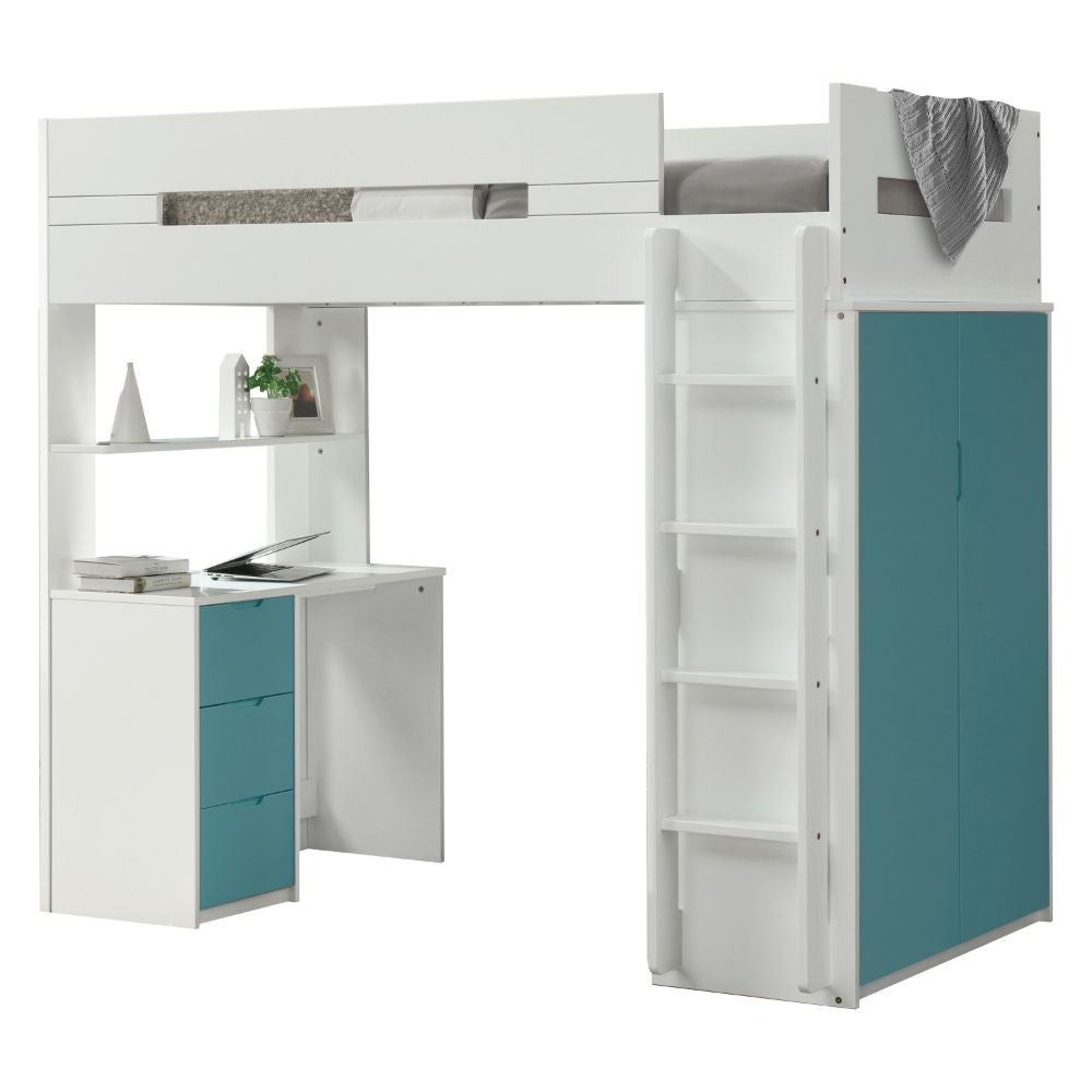 ACME 38045 Nerice Loft Bed, White & Teal (1Set/5Ctn)