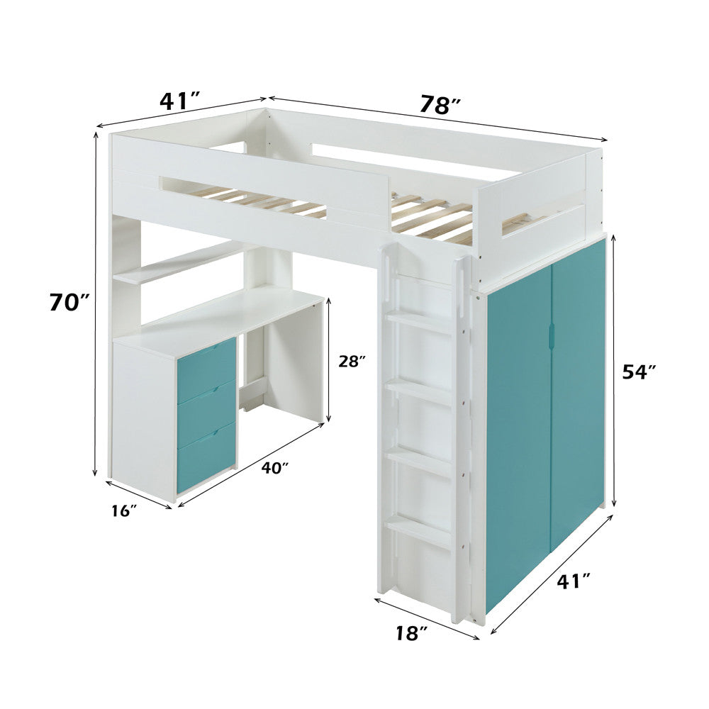 ACME 38045 Nerice Loft Bed, White & Teal (1Set/5Ctn)