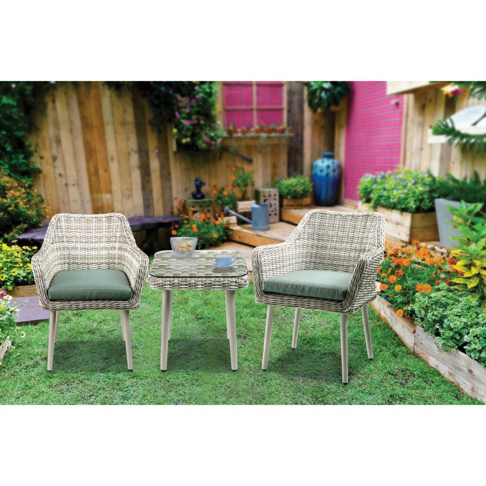 ACME 45005 Tashay 3 Piece Patio Bistro Set, Green Fabric & Beige Wicker
