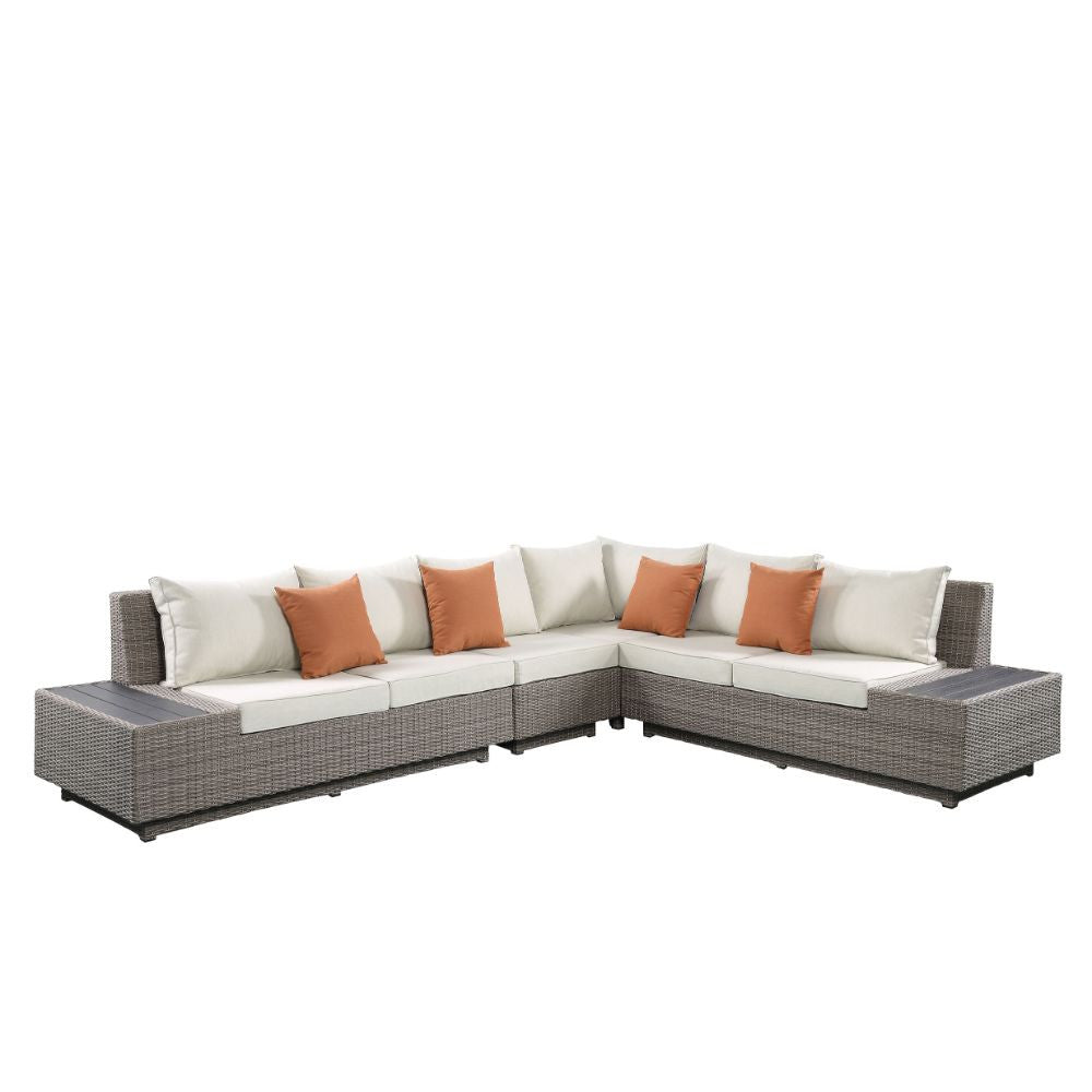 ACME 45020 Salena Patio Sectional & Cocktail Table, Beige Fabric & Gray Wicker (1Set/3Ctn)