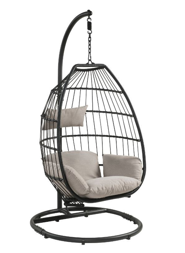 ACME 45115 Oldi Patio Hanging Chair with Stand, Beige Fabric & Black Wicker