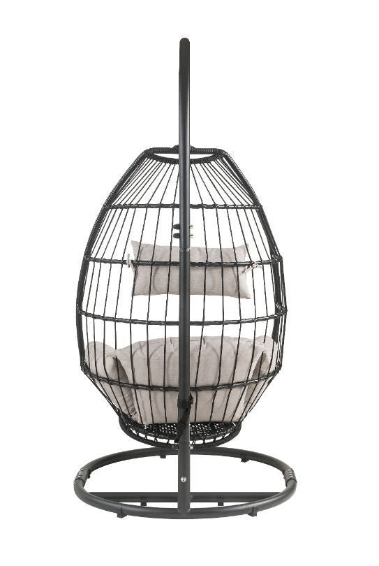 ACME 45115 Oldi Patio Hanging Chair with Stand, Beige Fabric & Black Wicker