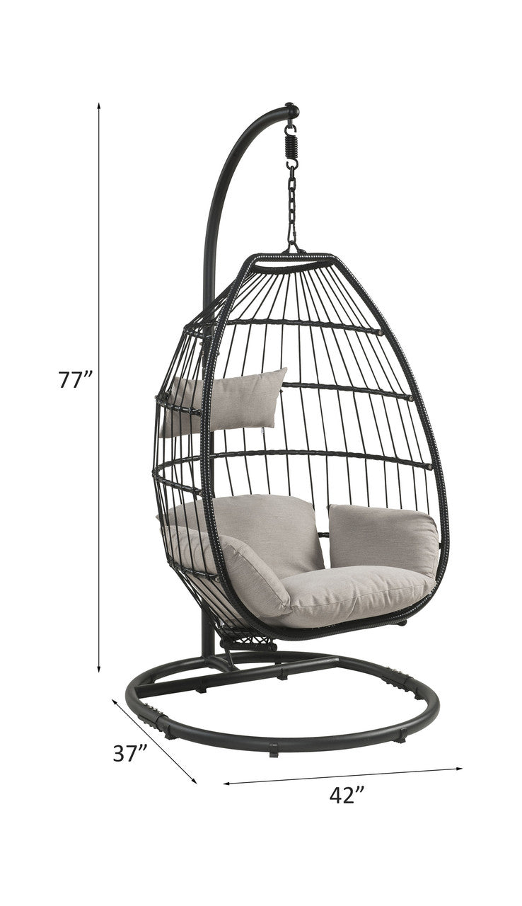 ACME 45115 Oldi Patio Hanging Chair with Stand, Beige Fabric & Black Wicker