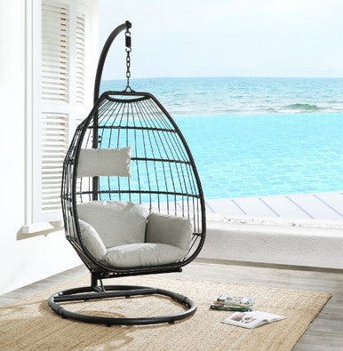 ACME 45115 Oldi Patio Hanging Chair with Stand, Beige Fabric & Black Wicker